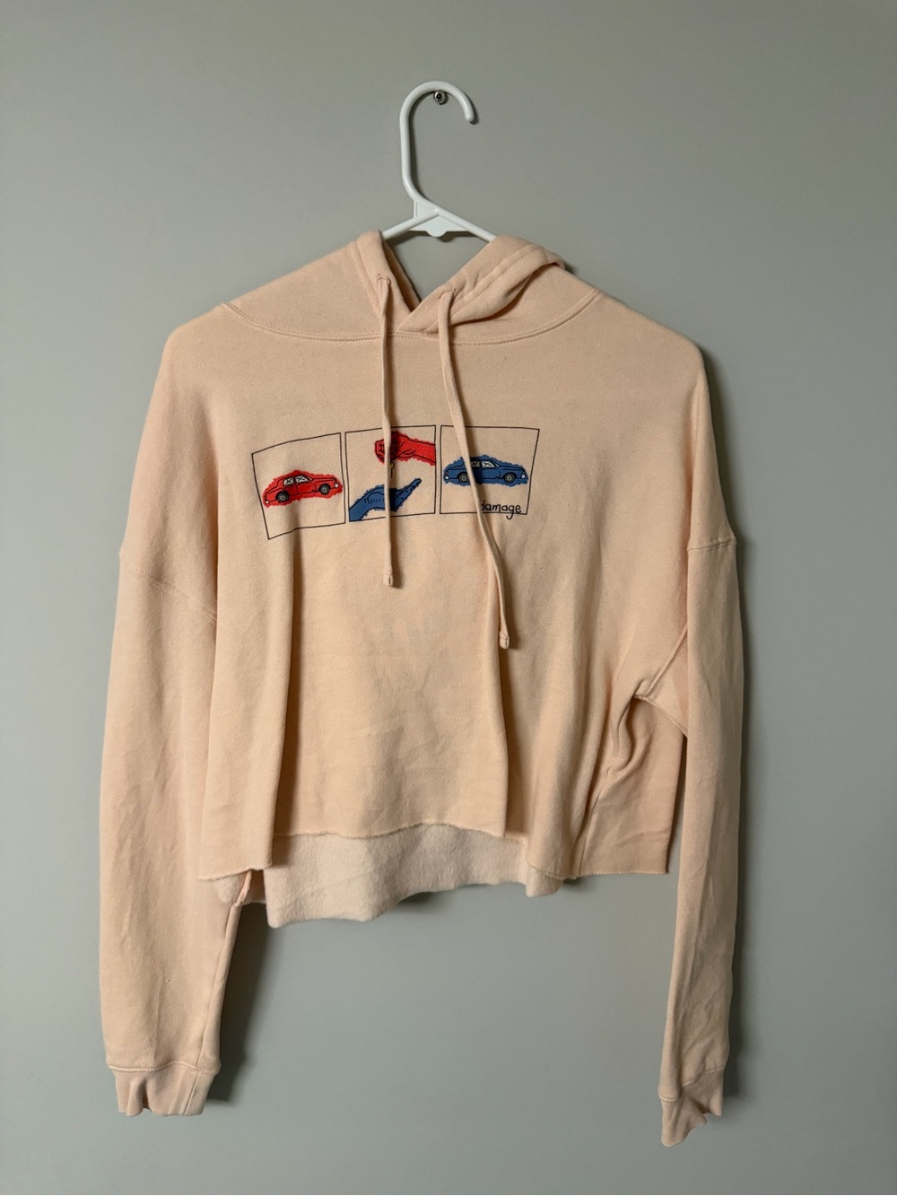 Peach Cropped Hoodie with Car Graphic